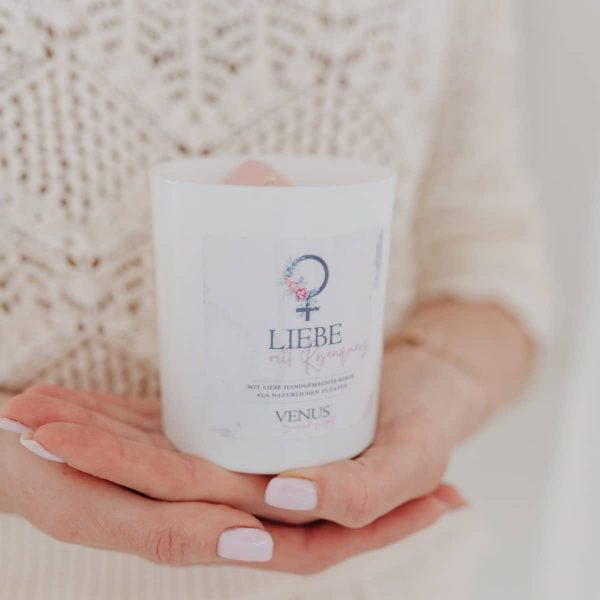 Kerze mit Heilstein - Liebe mit Rosenquarz